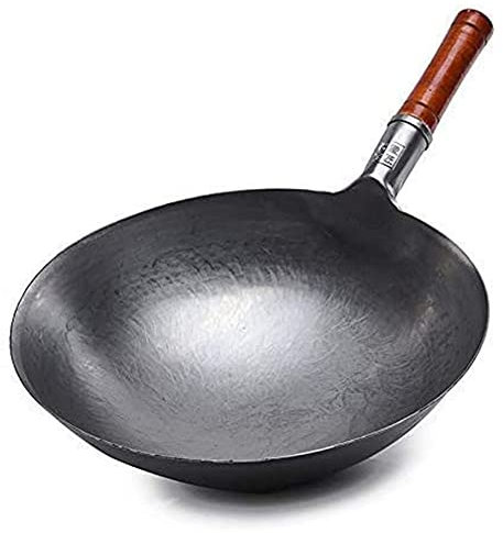 Pre-Seasoned Carbon Steel Wok for Seasoning All Stoves,Profession Chinese Traditional Hand Hammered Carbon Steel Pow Wok with Bamboo Handle and Steel Helper Handle