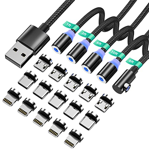 Magnetisches Ladekabel [6PACK,1ft/1ft/3ft/6ft/10ft/10ft], 540° drehbares magnetisches Handy-Ladekabel mit LED-Licht magnetisches Ladegerät für Typ-C/iPhone/Micro-USB-Geräte, schwarzes