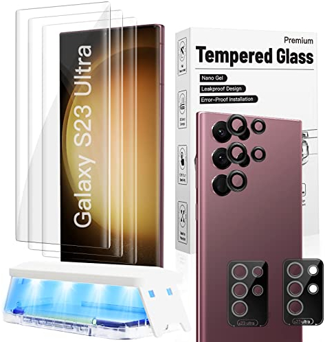 3+2 Stück Samsung Galaxy S23 Ultra Panzer Schutz Glas Schutzfolie Displayschutz 3D Gebogen 9H Folie Fingerabdruck-ID Unterstützen Kompatibel mit Handyhülle