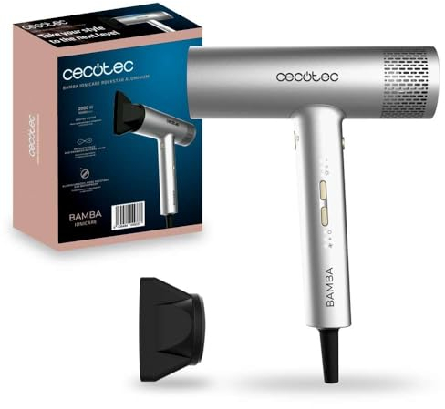 Cecotec Secador de Pelo con Motor Digital Bamba IoniCare RockStar Aluminum. 2000W, 105000rpm, Tecnología de Iones, 3 Velocidades y 4 Temperaturas, Incluye Boquilla de Precisión