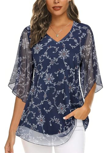 Syphiby Tops for Women Work Casual 3/4 Sleeve Tunic Tops to Wear with Leggings V Neck Semi Formal Dress Shirts Daily Casual Versatile Floral Spring Summer Outfits Navy Blue-2XL
