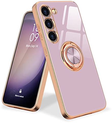 Urarssa Kompatibel mit Samsung Galaxy S23 Hülle, Galvanik Glänzend Handyhülle Weiche Mode Case mit 360 Grad Ring Ständer Schutzhülle, Stoßfest Samsung S23 5G Hülle, Lila
