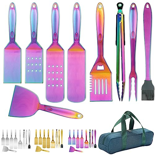 Kyraton Regenbogen Grill Zubehör Kit teilig, Grill Zubehör Set, Titan Bunte Beschichtung Edelstahl mit Bakelit Griff hitzebeständig und Keine Schmelze, Ideal für Outdoor BBQ, Teppanyaki, Camping