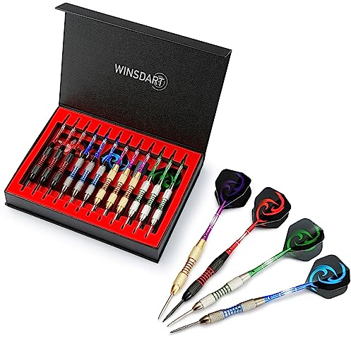 WINSDART Dartpfeile mit Metallspitzen-Set, professionelle Metallpfeile für Dartscheibe, Stahlspitze, Dartpfeile mit rutschfestem Eisenfass, Aluminium-Dartschäften, Dartschärfer, Geschenkbox