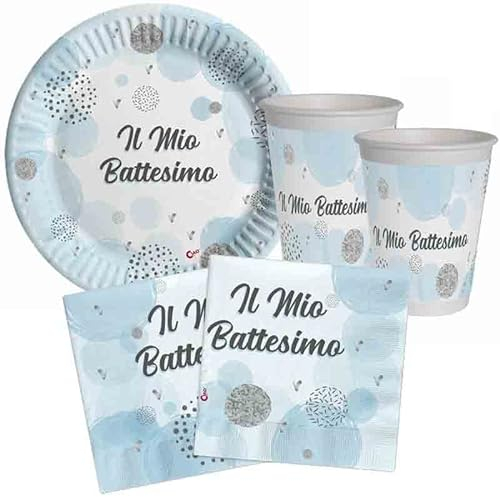 irpot Kit n 2 Battesimo Celeste Bambino Decorazioni Piatti Carta Piatti Dessert Bicchieri tovaglioli Chic Celeste Tenue Party Festa Oro battezzo Bimbo Azzurro
