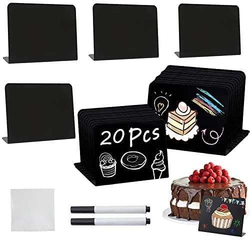 Buffet Schilder 20 Stück Mini Kreidetafel Kunststoff tafeln Kleine Tafeln zum Beschriften Abwischbare Tafeln mit 2 Kreide für Hochzeit Party Gastronomie Namensschilder 7.5 x 10cm Schwarz