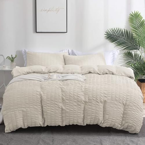 Boqingzhu Seersucker Bettwäsche Beige 200x220cm Sommer Atmungsaktiv Kühlende Wende Bettwäsche Set Bettbezug 200x220cm und 2 Kissenbezüge 80x80cm mit Reißverschluss