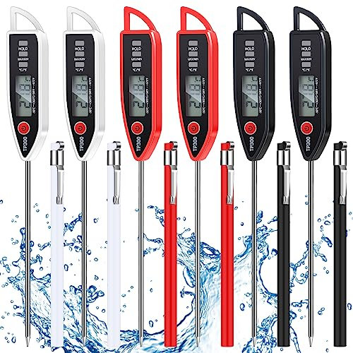 Copkim 6 Pcs Waterproof Food Thermometer for Water, Liquid, Candle and Cooking Digital Meat Thermometer with Long Probe Instant Read Thermometer for Kitchen BBQ Grill Candy 9.2'' (Black, White, Red)