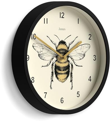 JONES CLOCKS® Bee Wanduhr | Kleine Moderne Uhr mit honigbienen-Illustration | 25 cm | Schwarz | Dekoratives Design für küche, Wohnzimmer, Schlafzimmer oder büro