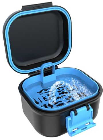 BVN Auslaufsicher Prothese Box, Zahnprothesenbox mit Sieb, Tragbar Einweichen Zahnprothesendose, Für Alle AltersgruppenZahnersatz und Zahnspangen (schwarz + blau).