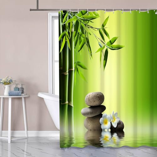 Uiiooazy Rideau Douche Vert, Rideau de Douche Anti Moisissure 180x180cm Effet Bambou Pierre Gris Spa Rideaux de Baignoire Tissu Lavable Imperméable Polyester Rideaux Salle de Bain avec 12 Crochets