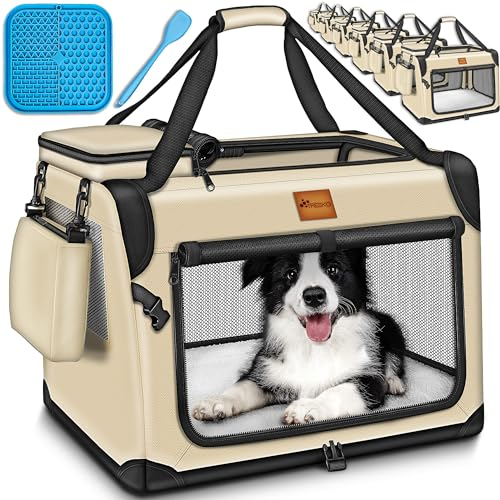 TRESKO® Hundebox faltbar inkl. Leckmatte, Spatel & Reflektoren XL 83x58x58cm | Transportbox für Hunde und Katzen | Hundetransportbox Auto für kleine & große Hunde | Hundetasche robust Beige
