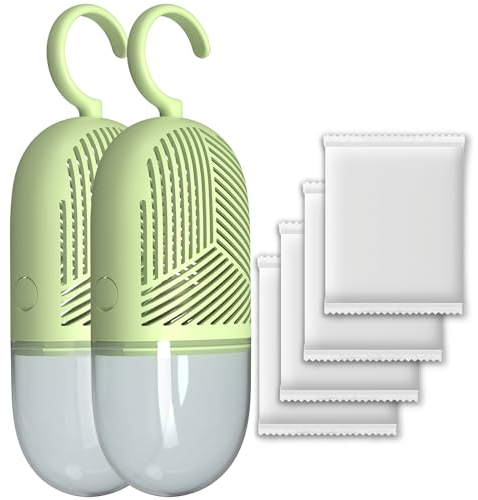 Nezzbe Hanging - Deshumidificador para armario (2 unidades, ventilada a 360°, con 4 deshumidificadores, sin corriente, para cocina, baño y salón, color verde