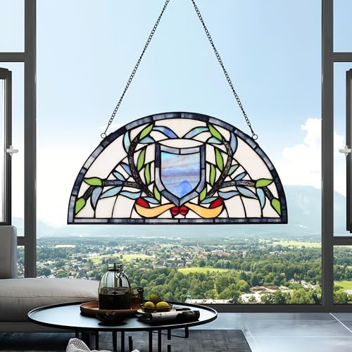 YOURANJU Stained Glass Half Moon Window Panel - 16' Blue Tiffany Style Suncatcher with Chain Hook