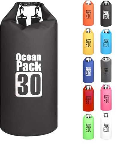 MORAINJAY 30L Wasserdichter Beutel, Schwarz Dry Bag 2L/5L/10L/15L/20L/25L/30L mit Verstellbarem Gurt, Schützt Telefon/Karte, Roll Top Wasserdichter Beutel Rucksack für Schwimmen/Rafting/Bootfahren