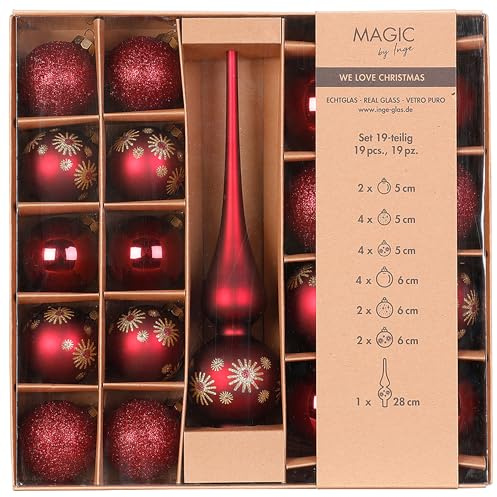 Weihnachtskugeln Glas 5-6cm mit Spitze 19er Set - Glitzer Motiv - Christbaumkugeln Weihnachtsbaumkugeln und Christbaumspitze - Christbaumschmuck & Weihnachtsbaumschmuck - Smooth Port
