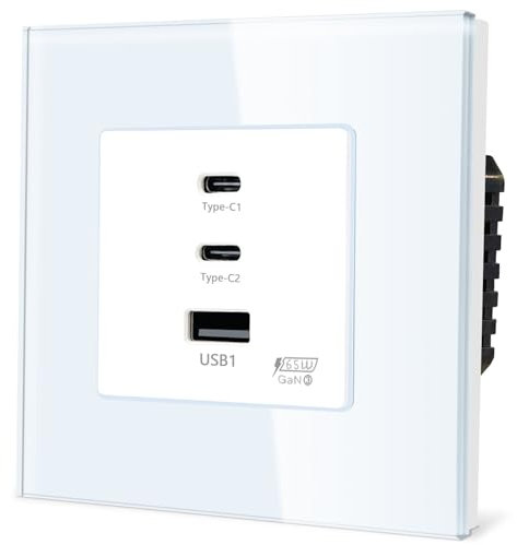 TAWOIA Prise Schuko, 65 W type C et interface de charge rapide USB pour téléphones portables, tablettes et ordinateurs portables, cadre en verre cristal, prise encastrée USB C blanc, 86 x 86 mm