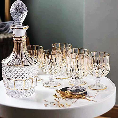 Bourbon Whiskey Decanter，Golden plated surface Whiskey Decanter Glasses Set, Crystal Whiskey Decanter with 6 Glasses，Bourbon Scotch Vodka Wine，tequila，Brandy， Gifts for Men