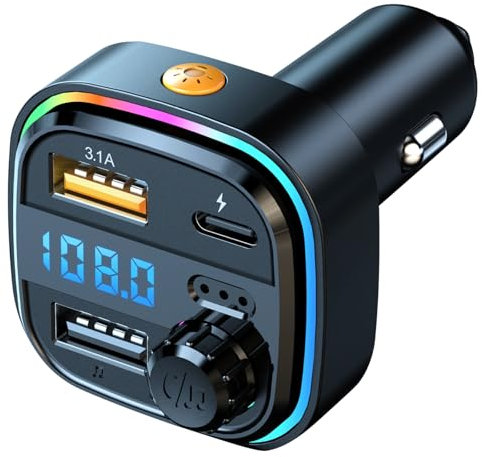 PRMHOOT FM Transmitter für Auto Bluetooth 5.3, Bluetooth Adapter Auto mit 1 USB-A Ports and 1 Type-C Port: 5V/3.1A Max, Freisprecheinrichtung für Auto & LED-Licht