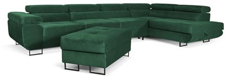 SOFILAND Aller Lang XL Modernes Design Ecksofa mit Schlaffunktion, Bettkasten in Ottomane, Hocker mit Stauraum – Tierfreundlicher Waterproof-Welvet, inkl. 2 runde Kissen, Ottomane rechts. (Grün)