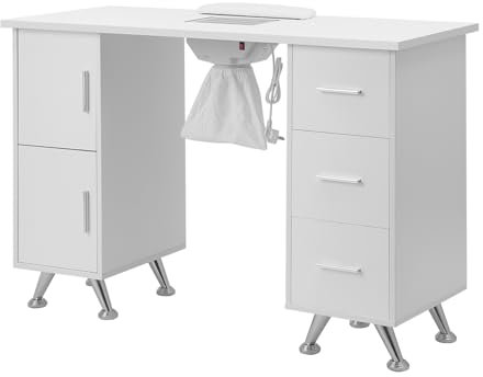 DARDVORLAG Maniküre Tisch Inklusive weißem Staubsauger, Schublade sind einzelne weiße Keramikgriffe mit weißen dünnen Handkissen mit 3 Schubladen auf der rechten Seite (Beige, 45cmX80cmX120cm)