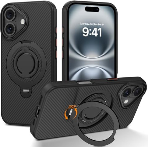 Telaso for iPhone 16 Case, [Compatible with MagSafe] with Magnetic 360° Rotatable Ring Stand Carbon Fibre Pattern Slim Touch Shockproof Protective Phone Cases for iPhone 16 6.1, Black