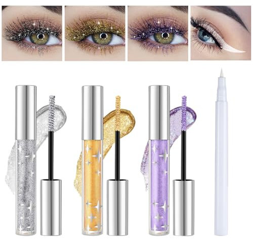 Thoquene 3 Farben Glitzer Mascara Silber Gold Lila, Glitzer Wimperntusche