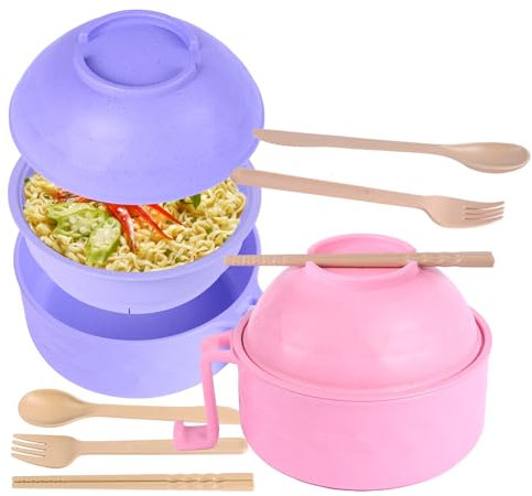 2 Ramen Bowl Sets, Microwave Ramen Cooker Instant Noodles Bowl with Spoon Chopsticks Fork Microwave Noodle Cooker Ramen Noodle Bowl for Girls for Boys, College Dorm Home Office Apartment Essentials