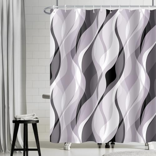 Uiiooazy Duschvorhang 180x200cm Anti Schimmel Gestreift Lavendel Gemustert | Duschvorhang Gradient Grau Streifen Lila Wasserdicht Stoff Polyester Waschbar Bad Vorhang mit 12 Haken für Badezimmer