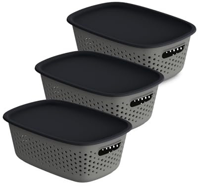 Kreher® Aufbewahrungsbox Mehrzweckkorb mit Deckel. Ideal für Kleiderschrank & Küche. Stapelbar, lebensmittelecht, BPA-frei. Aus Kunststoff in dezenten Farben. Viele Größen/Farben. (Grau, 3 x 10L)