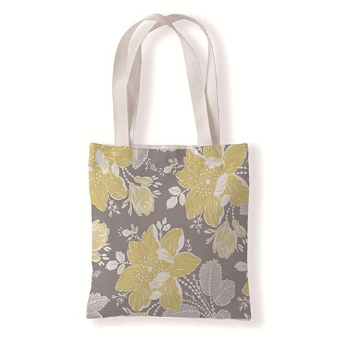 Homeyang Jutebeutel Grau Gelbe Blume Stoffbeutel Waschbar Beuteltasche Damen Einkaufstasche Schule Tote Bag Wiederverwendbar Canvas Tasche mit Henkeln Stoffbeutel Klein 33x37 cm
