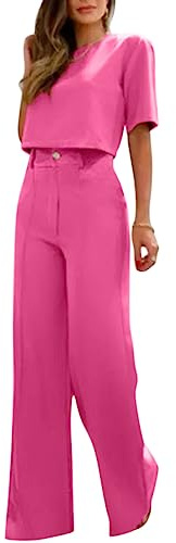 nicticsi Ensemble Femme Chic Et Elegant Ete Haut Court + Pantalon Coupe Droite Vetement Costume Tailleur 2 Pièces Fête Affaire Bureau Travail Soirée Tenue Décontractée Set Outfit Rose XXL