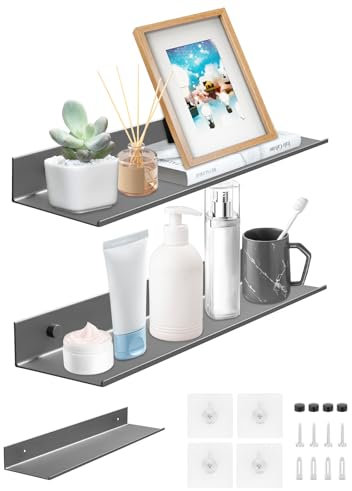 :Lot de 2 Etagere Murale sans Percage, Étagères Murales en Aluminium, Etagere sans Percer Etagere Douche pour Salon, Chambre, Salle de Bain, Cuisine (Gris Foncé, 30CM