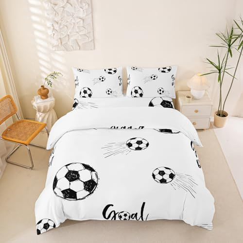 richhome Garçon Football Parure de Lit Sport thème Ensemble de literie Enfants Football Pattern Housse de Couette 220x240cm Enfants Hommes Noir Blanc Literie Set