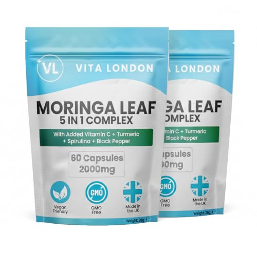 Moringa Leaf Capsules 2000mg | Added Vitamin C + Turmeric + Spirulina + Black Pepper | High Strength Supplements for Men & Women | 120 Vegan Capsules (Not Powder, Tablets of Gummies)