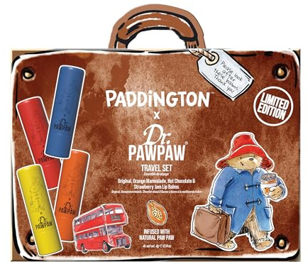 Dr.PAWPAW x Paddington Travel 4-Piece Lip Balm Set 4 x 4g | Original, Orange Marmalade, Strawberry Jam and Hot Chocolate Pocket Balms, Hydrating Vegan Gift Set
