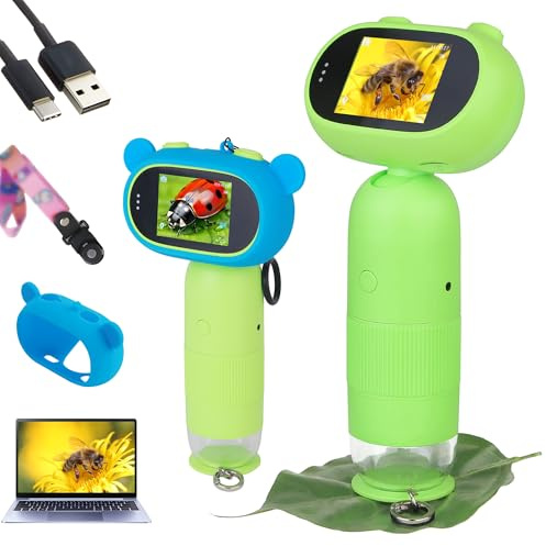 Microscope pour Enfants avec Ecran IPS 2,0 Grossissement 500X-1000X avec 8 lumières LED USB-C Recharge Microscope Portable pour Adultes/Enfants Compatible avec Mac/Windows