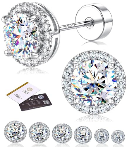 ADRAMATA Orecchini Moissanite Donna Uomo – Argento Sterling 925 Orecchini Ipoallergenici a Base Piatta Diamante Simulato Colore D VVS1 Taglio Brillante Rotondo, Placcato Oro Bianco 14K Gioiello Regalo
