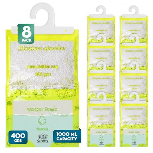 Bolsas Antihumedad Armarios 400g con Depósito 1L – Pack 8 (3,2 kg) – Deshumidificador Colgante Antimoho – Absorbe Humedad hasta 4 Meses – Sin Fragancia – Baños y Trasteros