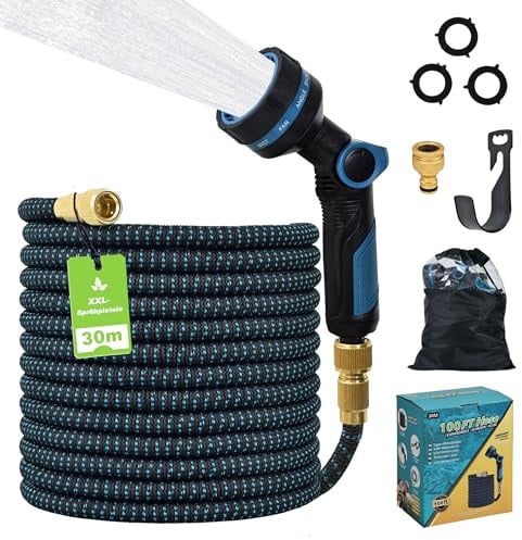 FLOWCASA Flexibler Gartenschlauch 30 m, Dehnbarer Wasserschlauch mit Brause | Von 10 auf 30 m ausziehbar; TPE 2500D, 24-cm-Brause mit 10 Sprüharten und Metalladaptern 1/2 und 3/4 für Garten und Auto.