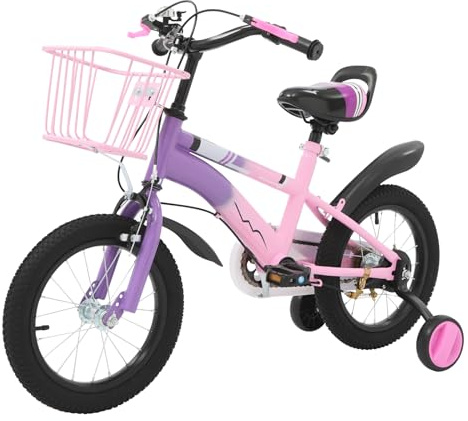 ACROSSPART 14 Zoll Kinderfahrrad, Jungen und Mädchen Fahrrad Kinder mit Stützräder und Korb, Kinderfahrrad ab 3 Jahre mit Duales Bremssystem, Höhenverstellbarer Lenker und Sitz (Lila)