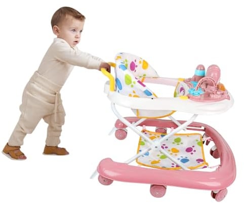 5-in-1 Lauflernhilfe für Babys, mit verstellbaren Höhen, Gehfrei Babywalker ab 6 Monate, bis zu 25 kg mit abnehmbarem Musik-Aktivitätstablett, 62 x 68 x 36–81 cm – Rosa