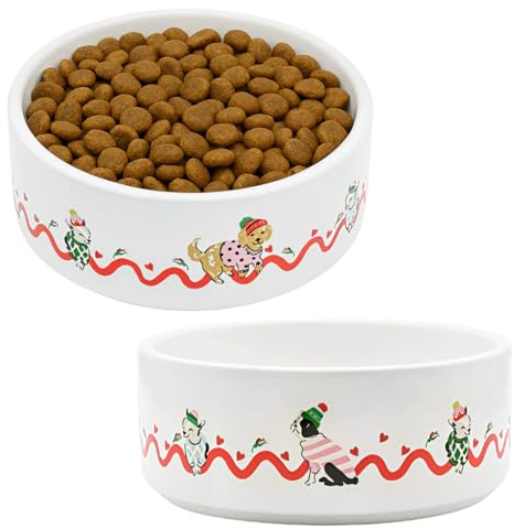 Cath Kidston Ceramic Dog Bowls 400ml (Set of 2), Dishwasher Safe Kitchenware-Style Food & Water Dish for Smaller Breeds & Puppies, Hearts & Roses Print, 13.5cm