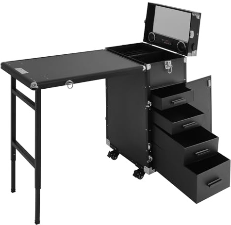 Kosmetikkoffer Trolley 2 in 1, Mobile Schminkkoffer mit Tisch und 4 Schubladen, 50kg Tragkraft, Friseurkoffer Nageltisch mit Fernbedienung, für Schönheitssalon, Spa (Schwarz)