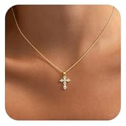 ASCOMY Necklaces for Women 14K Gold Plated Cross Necklace Dainty Cubic Zirconia Necklaces Diamond Cross Pendant CZ Charm Cute Choker Tiny Necklace Christian Baptism Religious Jewellery Gifts for Her