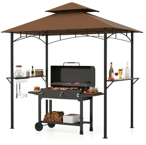 COSTWAY Gazebo per Barbecue 240 x 151 cm, Pergola per BBQ con con 2 Ripiani, 7 Ganci, Struttura in Metallo e Tetto Morbido, Tenda per Picnic e Barbecue per Giardino, Piscina e Terrazza (Caffè)