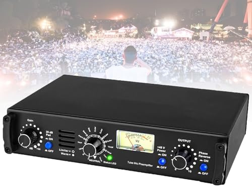 Vacuum Tube Microphone Preamplifier, Professional 60dB Mic Gain Booster, 48V Power Supply with VU Meter for Recording, Podcast, and Streaming