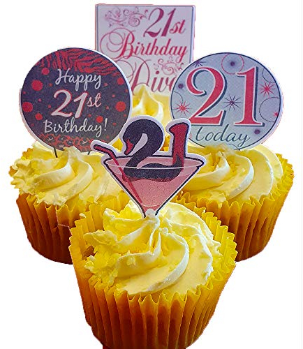 21st Birthday Female, Edible Cupcake Toppers - Stand-up Wafer Cake Decorations (Pack of 12)