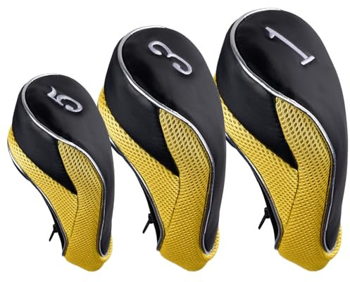 Andux Golf 460cc Driver Fairway Wood Club Head Covers with Zipper Closure Set of 3 Yellow