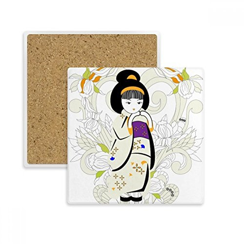 Japon Kimono Fille Motif carré Dessous de Verre Tasse mug support absorbant Pierre pour boissons 2 pcs Cadeau